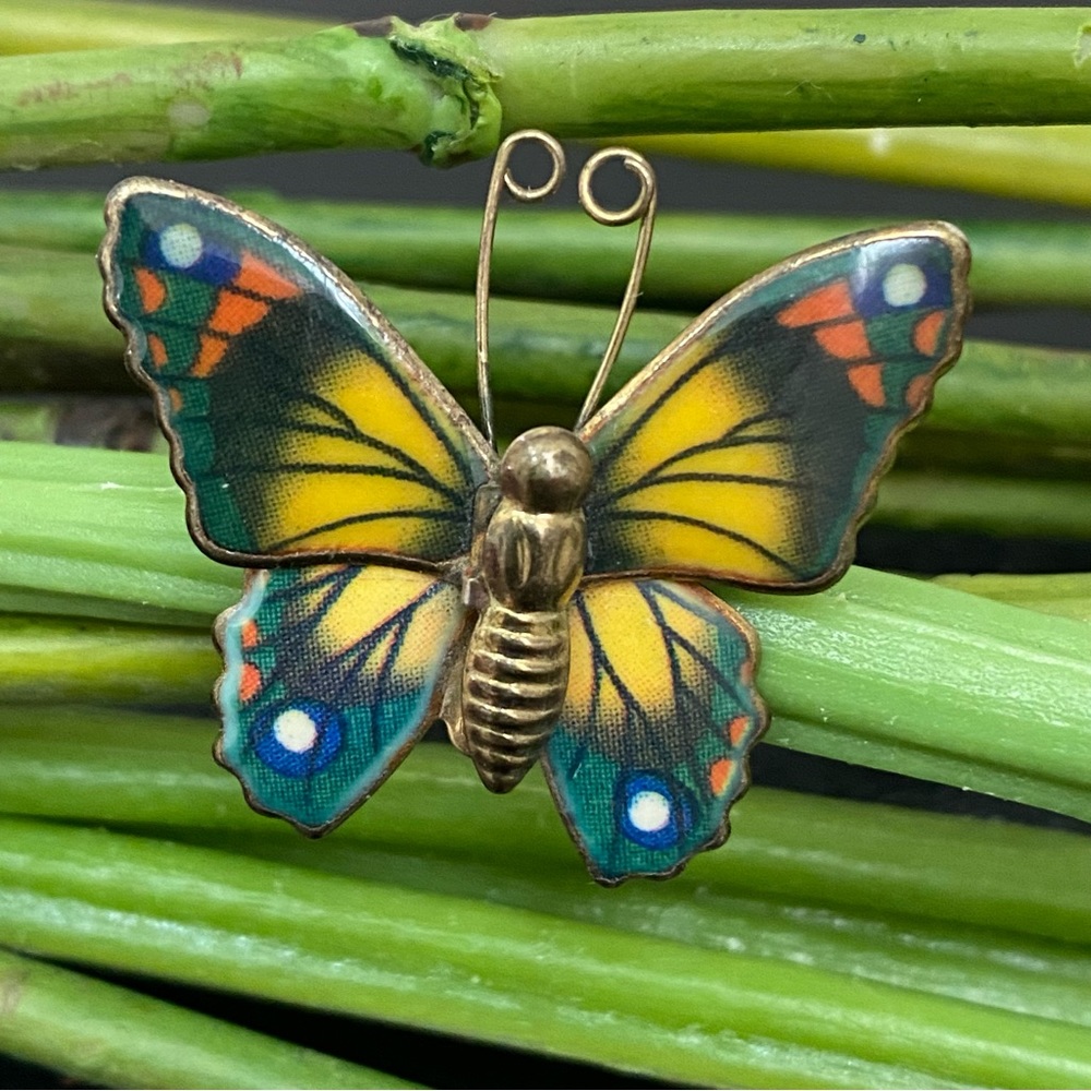 Vintage Blue & Yellow Enameled Gold-tone Small Butterfly Brooch